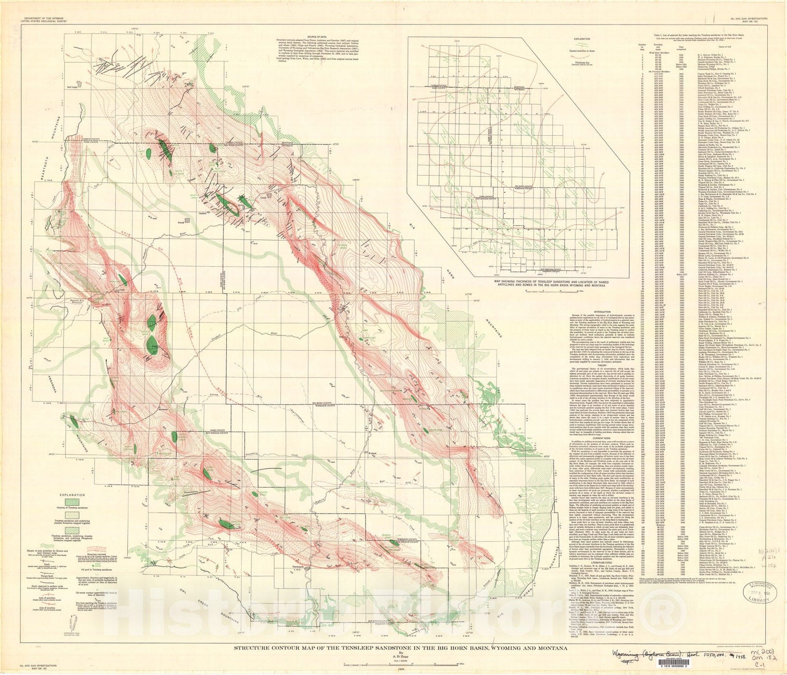Map : Structure contour map of the Tensleep sandstone in the Big Horn basin, Wyoming and Montana, 1956 Cartography Wall Art :