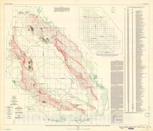 Map : Structure contour map of the Tensleep sandstone in the Big Horn basin, Wyoming and Montana, 1956 Cartography Wall Art :