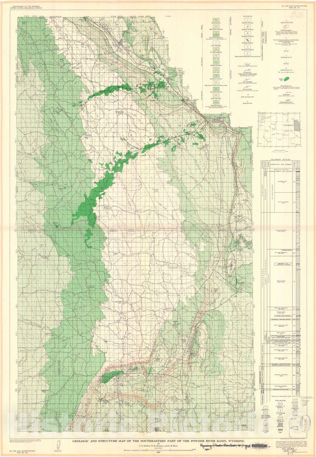 Map : Geologic and structure map of the southeastern part of the Powder River basin, Wyoming, 1957 Cartography Wall Art :