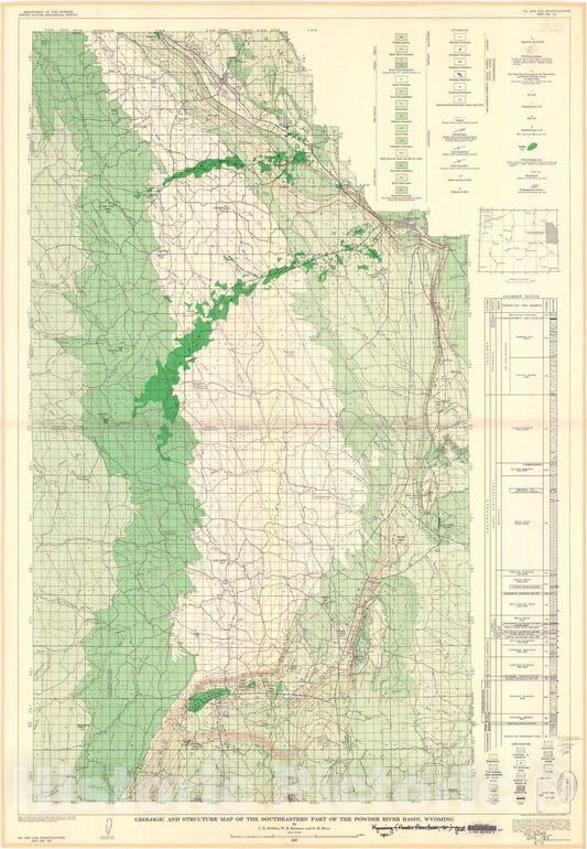 Map : Geologic and structure map of the southeastern part of the Powder River basin, Wyoming, 1957 Cartography Wall Art :