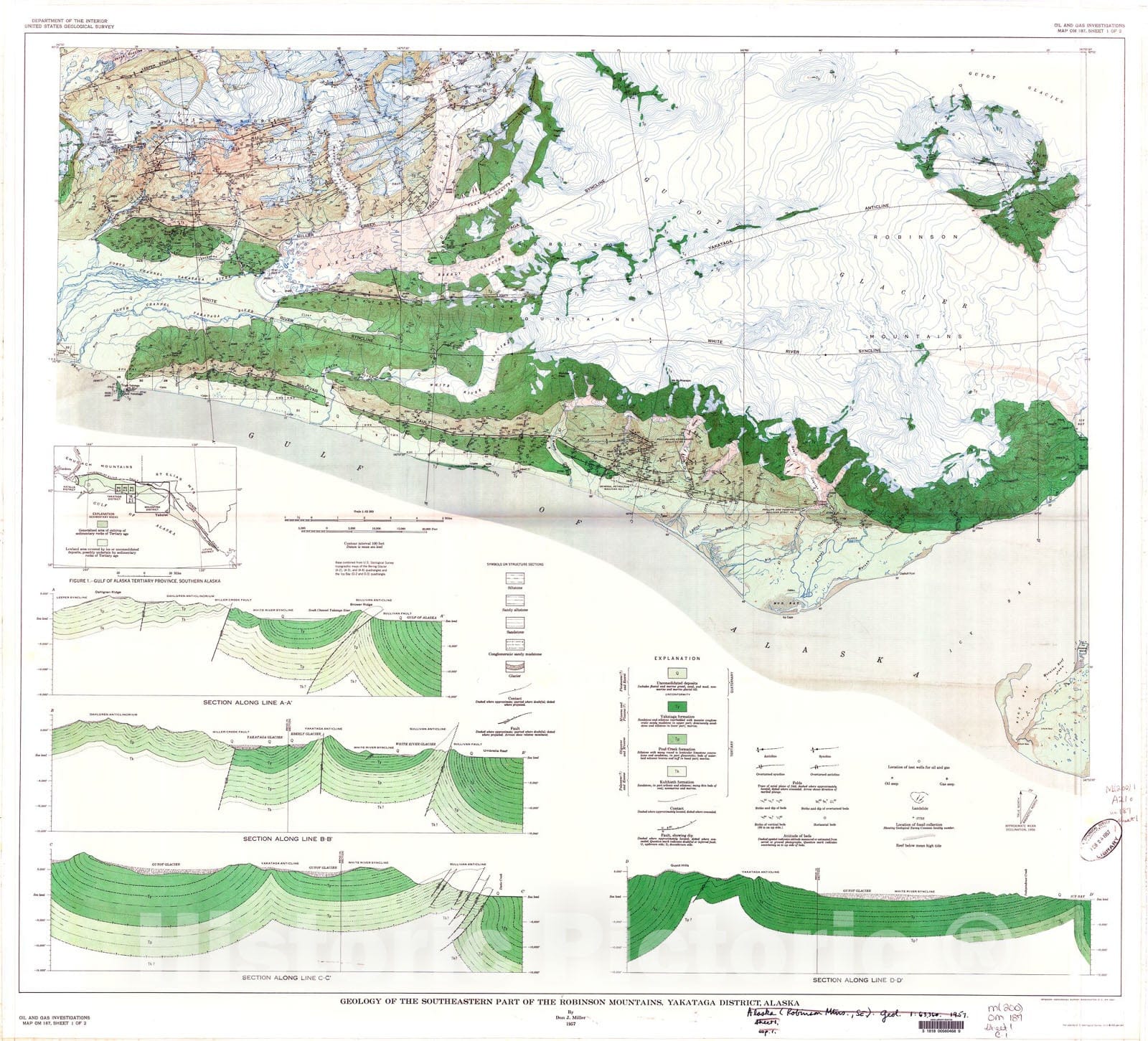 Map : Geology of the southeastern part of the Robinson Mountains, Yakataga District, Alaska, 1957 Cartography Wall Art :