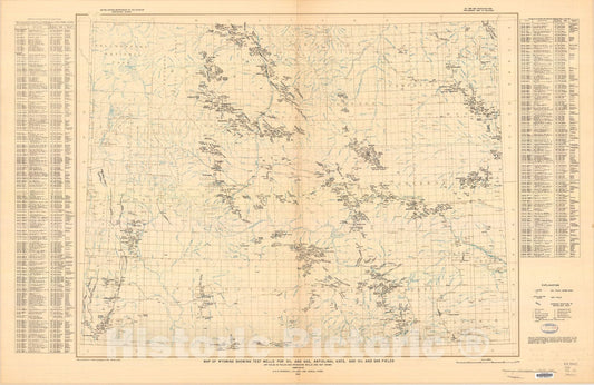 Map : Map of Wyoming showing test wells for oil and gas anticlinal axes, and oil and gas fields, 1944 Cartography Wall Art :