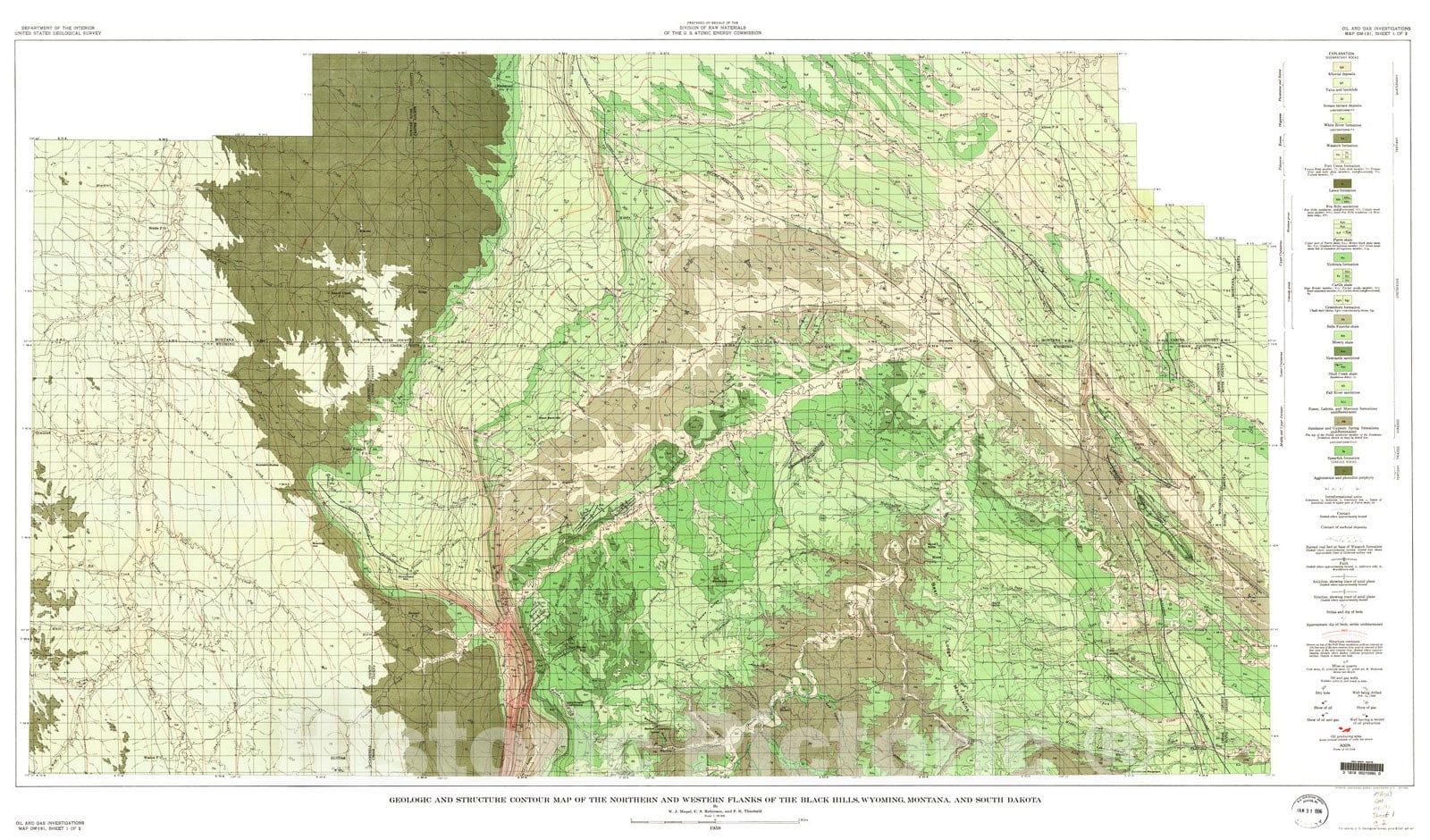 Map : Geologic and structure contour map of the northern and western flanks of the Black Hills, Wyoming, Montana, and South Dakota, 1959 Cartography Wall Art :