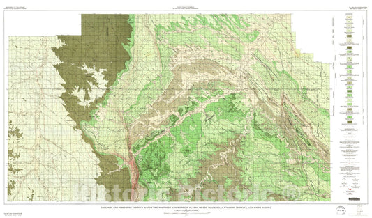 Map : Geologic and structure contour map of the northern and western flanks of the Black Hills, Wyoming, Montana, and South Dakota, 1959 Cartography Wall Art :