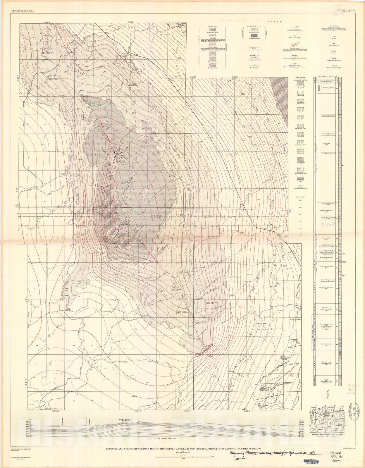 Map : Geologic and structure contour map of the Tisdale anticline and vicinity, Johnson and Natrona Counties, Wyoming, 1957 Cartography Wall Art :