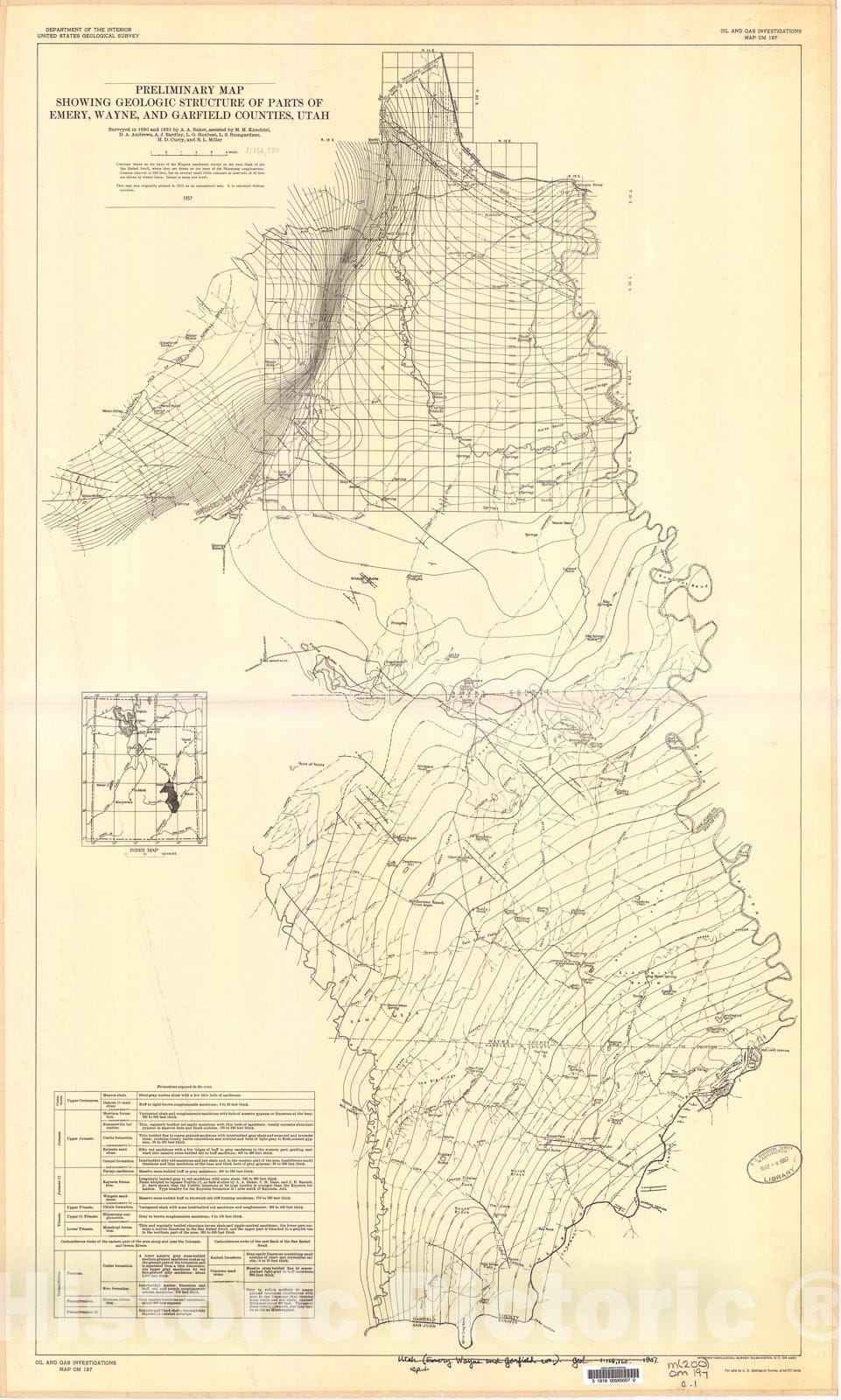 Map : Preliminary map showing geologic structure of parts of Emery, Wayne, and Garfield Counties, Utah, 1957 Cartography Wall Art :