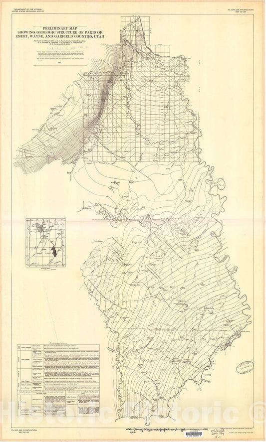 Map : Preliminary map showing geologic structure of parts of Emery, Wayne, and Garfield Counties, Utah, 1957 Cartography Wall Art :