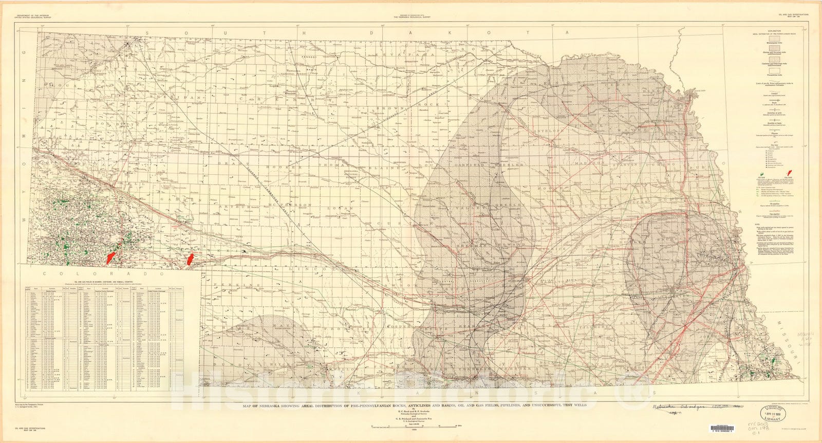 Map : Map of Nebraska showing areal distribution of pre-Pennsylvanian rocks, anticlines and basins, oil and gas fields, pipelines, and unsuccessful test wells, 1958 Cartography Wall Art :