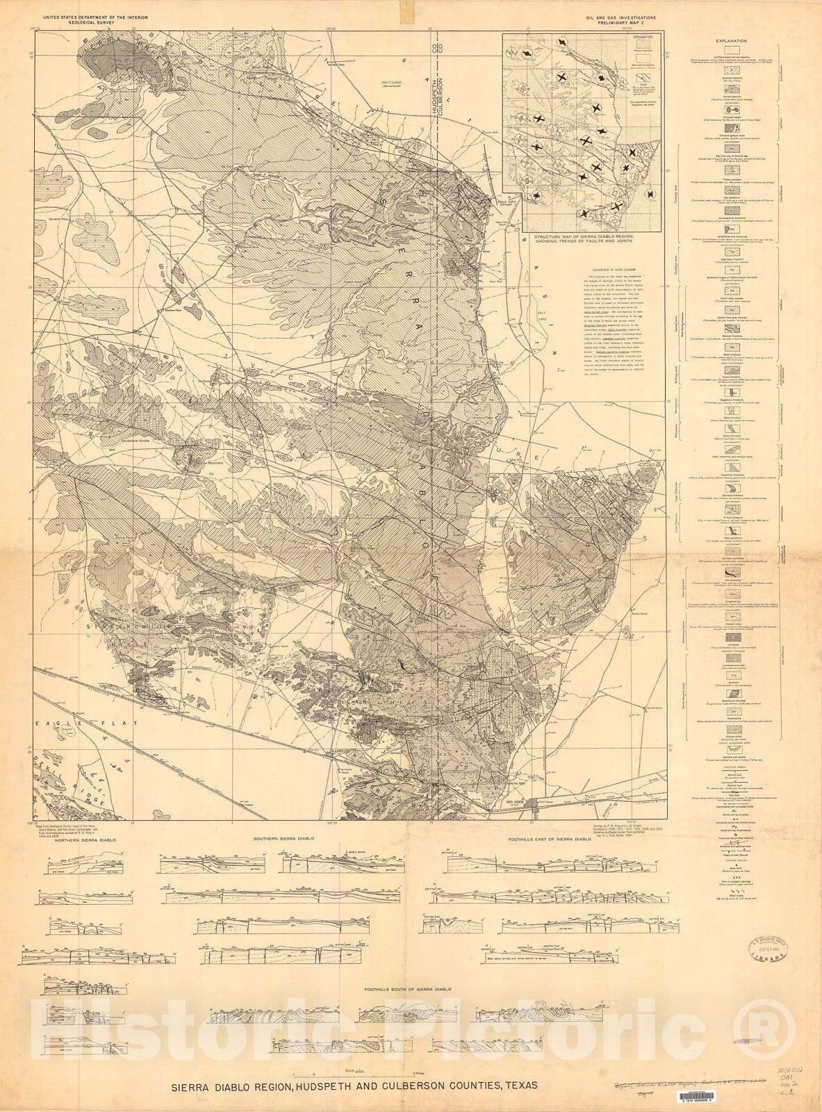 Map : Geologic map of the Sierra Diablo, Hudspeth and Culberson Counties, Texas, 1944 Cartography Wall Art :