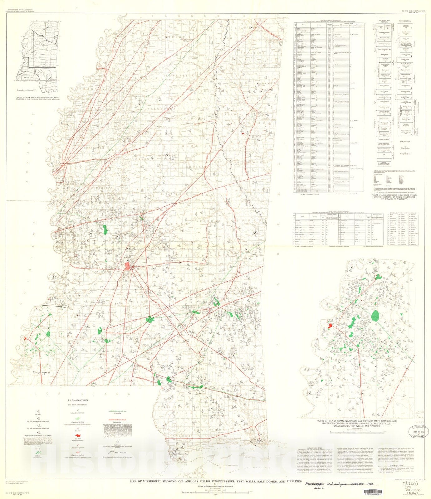 Map : Map of Mississippi showing oil and gas fields, unsuccessful test wells, salt domes, and pipelines, 1958 Cartography Wall Art :