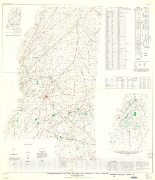 Map : Map of Mississippi showing oil and gas fields, unsuccessful test wells, salt domes, and pipelines, 1958 Cartography Wall Art :