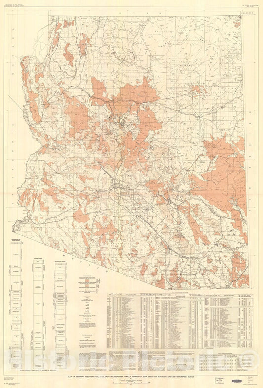 Map : Map of Arizona showing oil, gas, and exploratory wells, pipelines, and areas of igneous and metamorphic rocks, 1959 Cartography Wall Art :