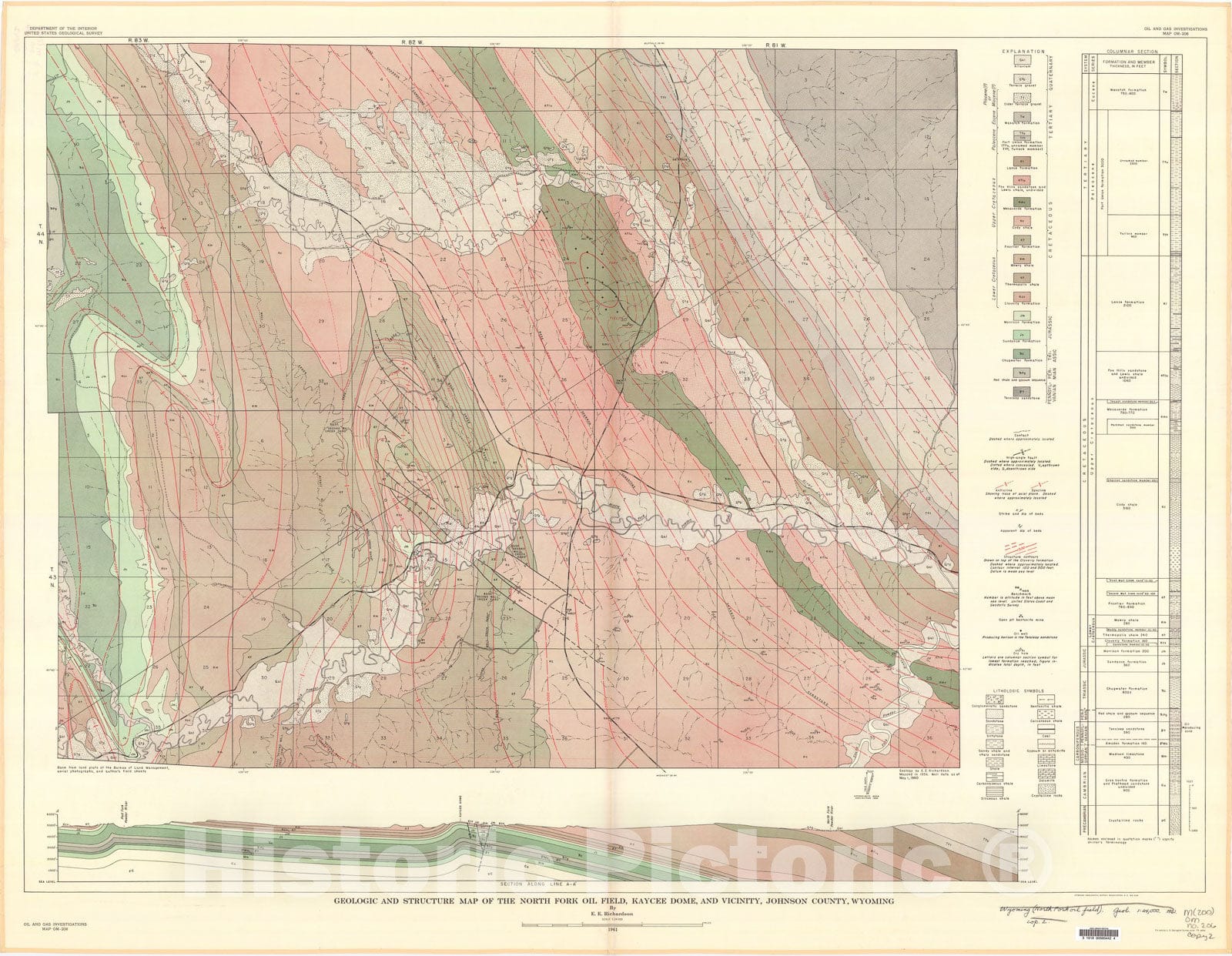 Map : Geologic and structure map of the North Fork oil field, Kaycee dome, and vicinity, Johnson County, Wyoming, 1961 Cartography Wall Art :