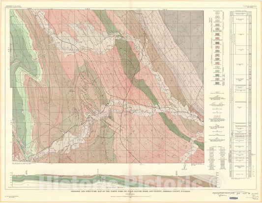 Map : Geologic and structure map of the North Fork oil field, Kaycee dome, and vicinity, Johnson County, Wyoming, 1961 Cartography Wall Art :
