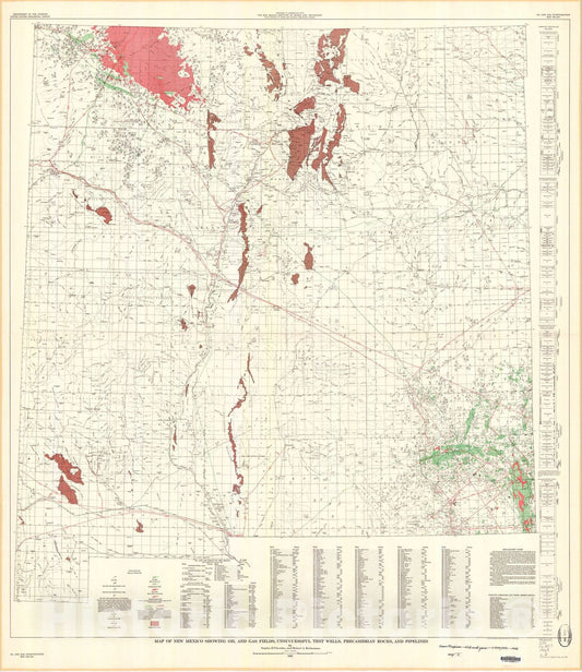 Map : Map of New Mexico showing oil and gas fields, unsuccessful test wells, Precambrian rocks, and pipelines, 1961 Cartography Wall Art :