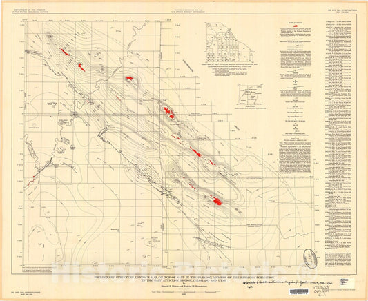 Map : Preliminary structure contour map on top of salt in the Paradox Member of the Hermosa Formation in the salt anticline region, Colorado and Utah, 1961 Cartography Wall Art :
