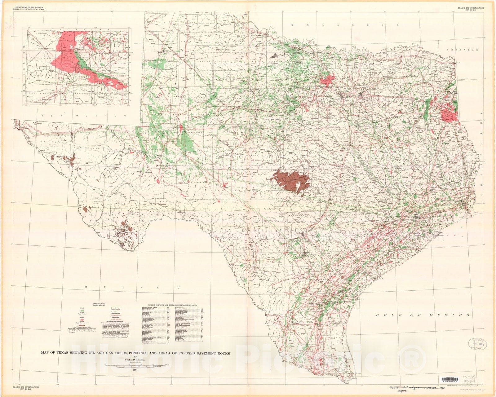 Map : Map of Texas showing oil and gas fields, pipelines, and areas of exposed basement rocks, 1964 Cartography Wall Art :