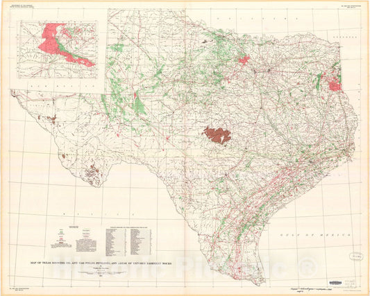 Map : Map of Texas showing oil and gas fields, pipelines, and areas of exposed basement rocks, 1964 Cartography Wall Art :