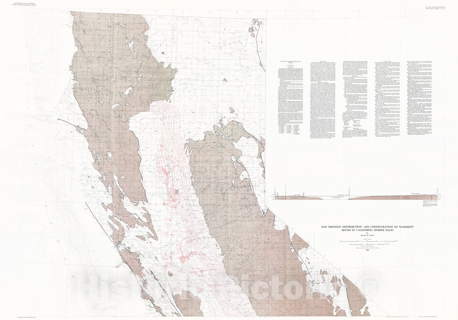 Map : Map showing distribution and configuration of basement rocks in California, 1964 Cartography Wall Art :