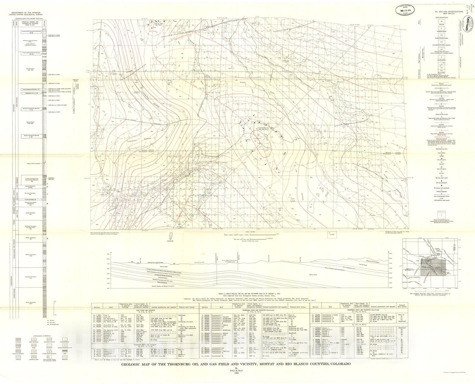 Map : Geologic map of the Thornburg oil and gas field and vicinity, Moffat and Rio Blanco Counties, Colorado, 1966 Cartography Wall Art :