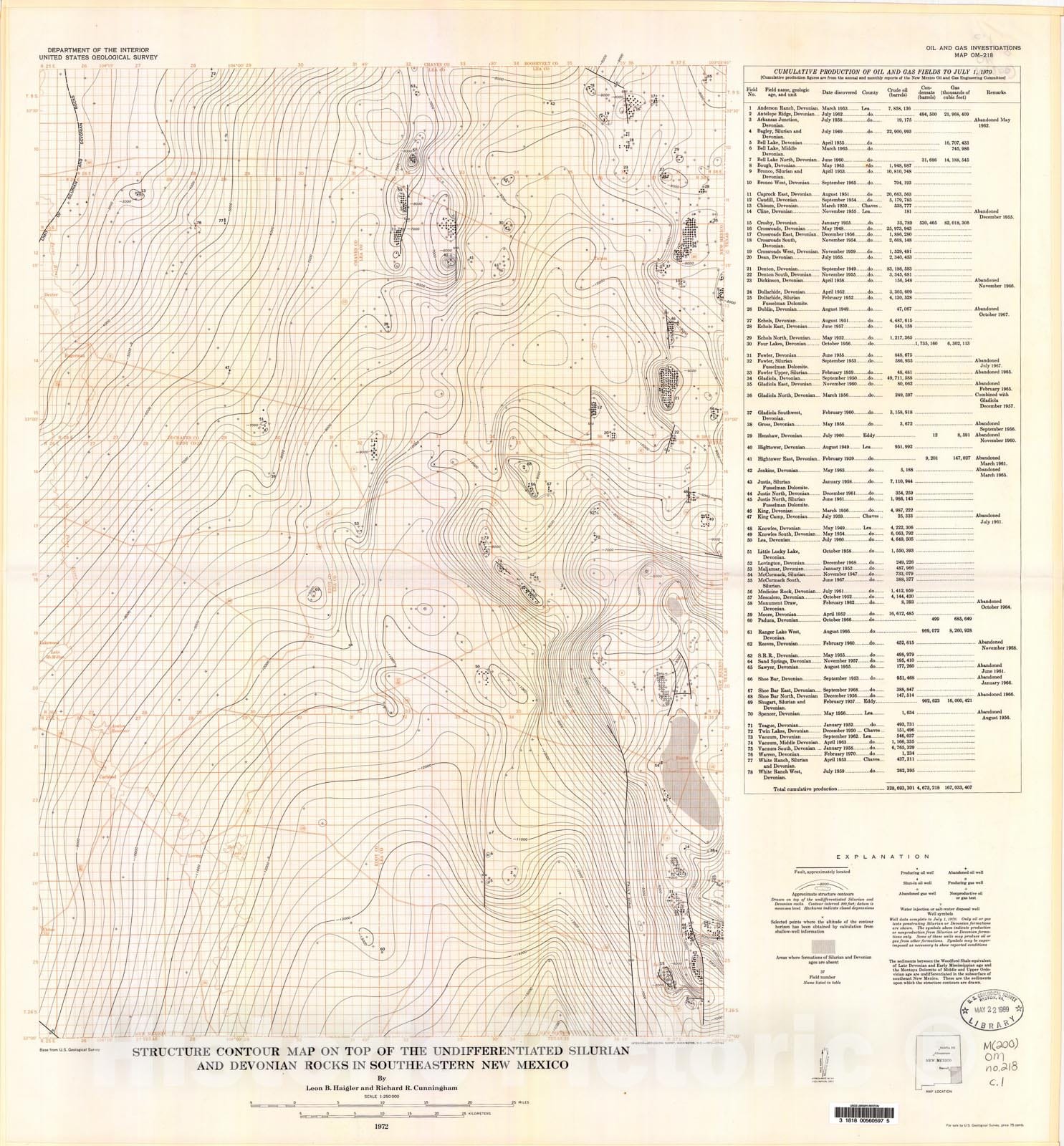 Map : Structure contour map on top of the undifferentiated Silurian and Devonian rocks in southeastern New Mexico, 1972 Cartography Wall Art :