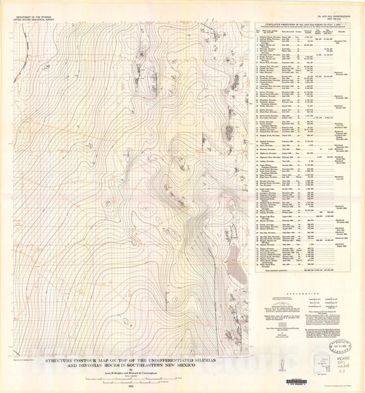 Map : Structure contour map on top of the undifferentiated Silurian and Devonian rocks in southeastern New Mexico, 1972 Cartography Wall Art :