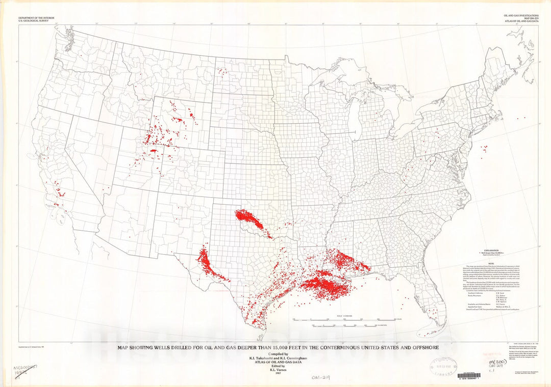 Map : Map showing wells drilled for oil and gas deeper than 15,000 feet in the conterminous United States and offshore, 1987 Cartography Wall Art :