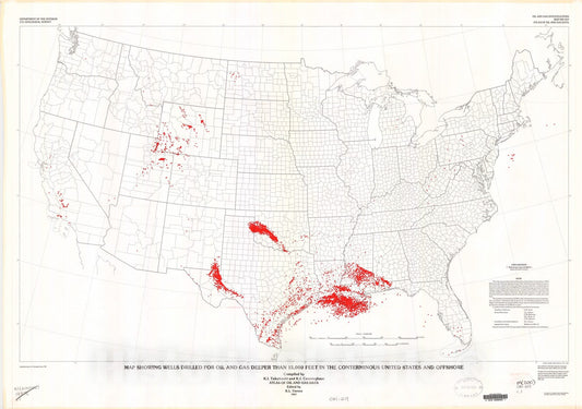 Map : Map showing wells drilled for oil and gas deeper than 15,000 feet in the conterminous United States and offshore, 1987 Cartography Wall Art :