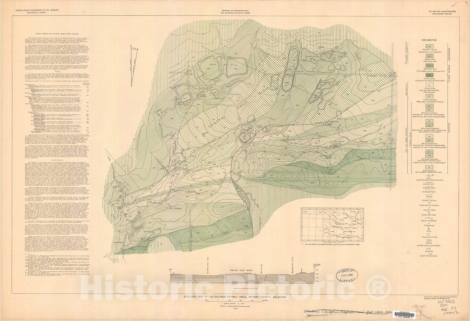 Map : Geologic map of the Sulphur asphalt area, Murray County, Oklahoma, 1944 Cartography Wall Art :