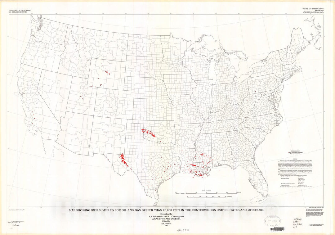 Map : Map showing wells drilled for oil and gas deeper than 20,000 feet in the conterminous United States and offshore, 1987 Cartography Wall Art :
