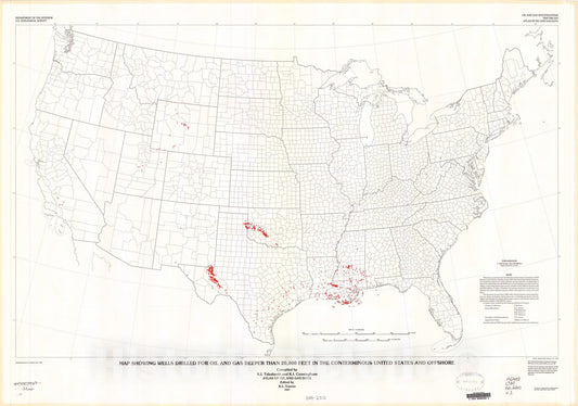 Map : Map showing wells drilled for oil and gas deeper than 20,000 feet in the conterminous United States and offshore, 1987 Cartography Wall Art :