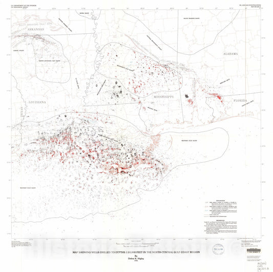 Map : Map showing wells drilled to depths [greater than or equal to] 10,000 feet in the north-central gulf coast region, 1992 Cartography Wall Art :