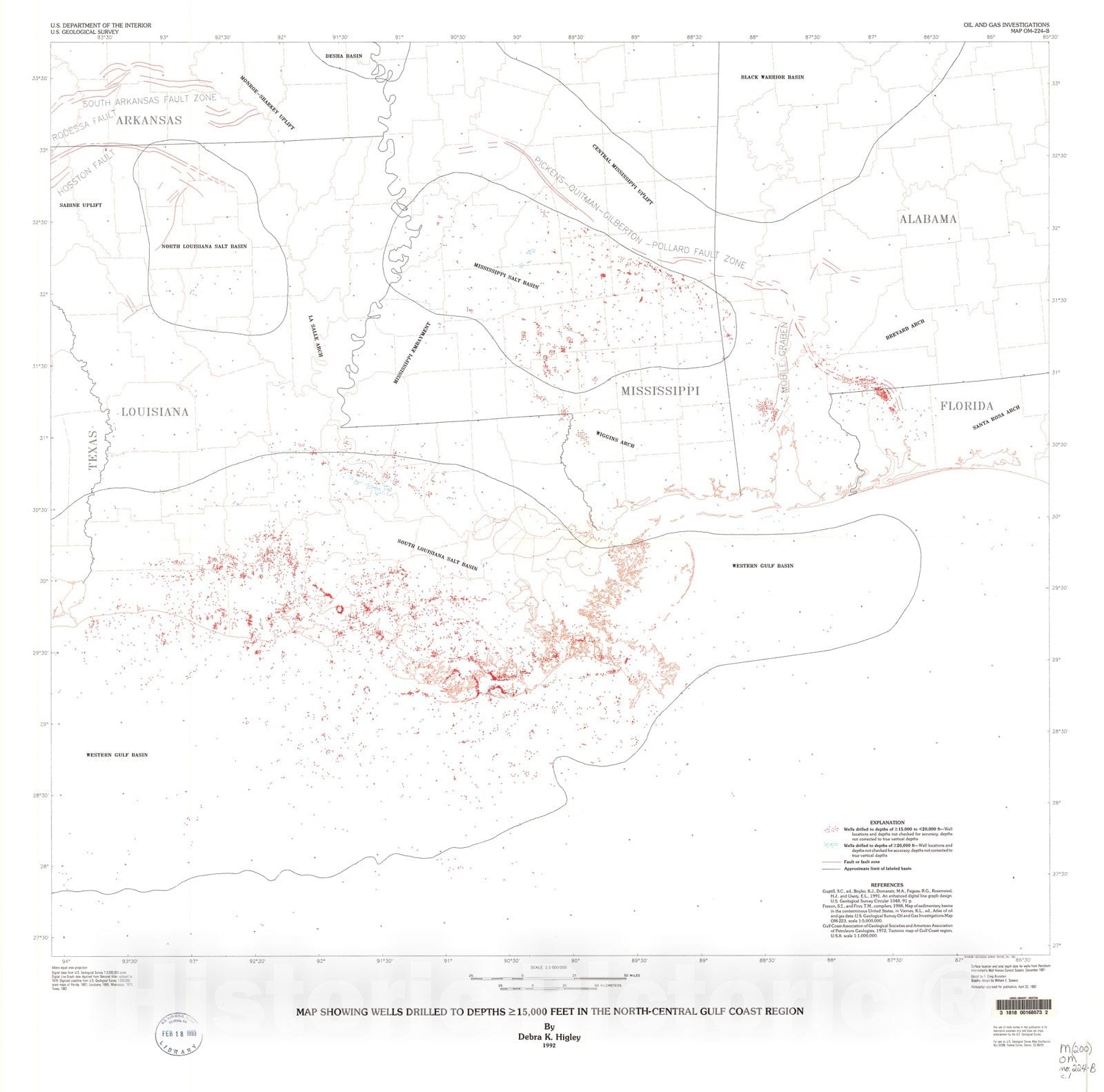 Map : Map showing wells drilled to depths [greater than or equal to] 15,000 feet in the north-central gulf coast region, 1992 Cartography Wall Art :