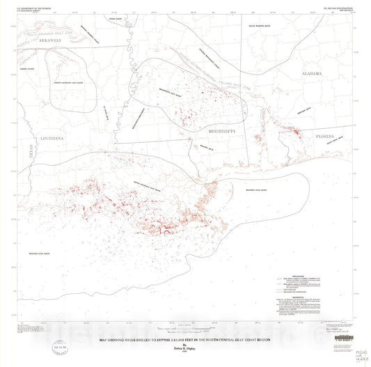 Map : Map showing wells drilled to depths [greater than or equal to] 15,000 feet in the north-central gulf coast region, 1992 Cartography Wall Art :