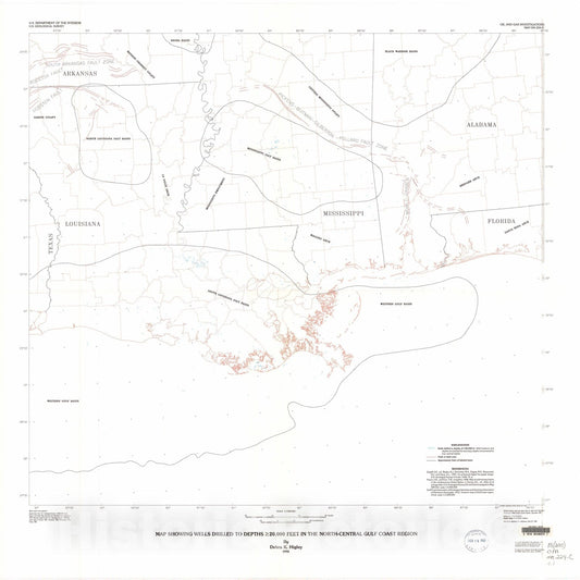 Map : Map showing wells drilled to depths [greater than or equal to] 20,000 feet in the north-central gulf coast region, 1992 Cartography Wall Art :