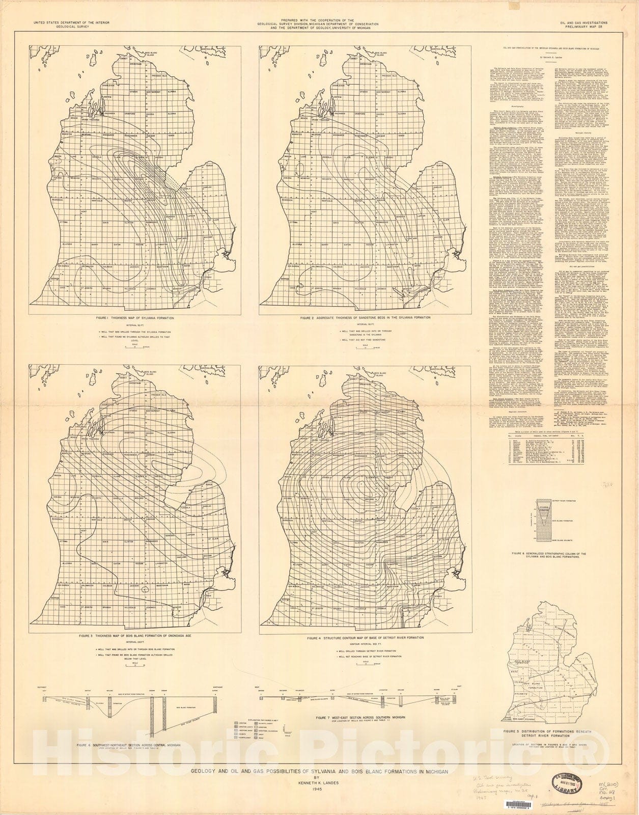 Map : Geology and oil and gas possibilities of the Devonian Sylvania and Bois Blanc formations in Michigan, 1945 Cartography Wall Art :