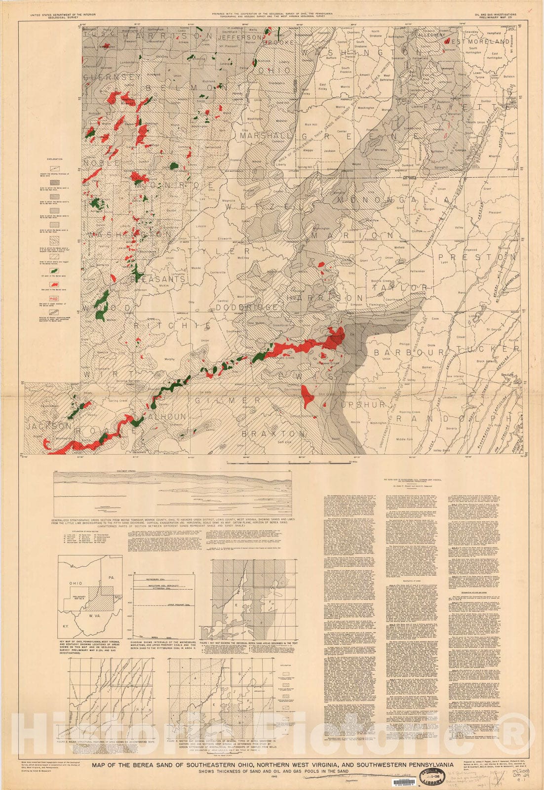 Map : Map of the Berea sand of southeastern Ohio, northern West Virginia, and southwestern Pennsylvania, 1945 Cartography Wall Art :