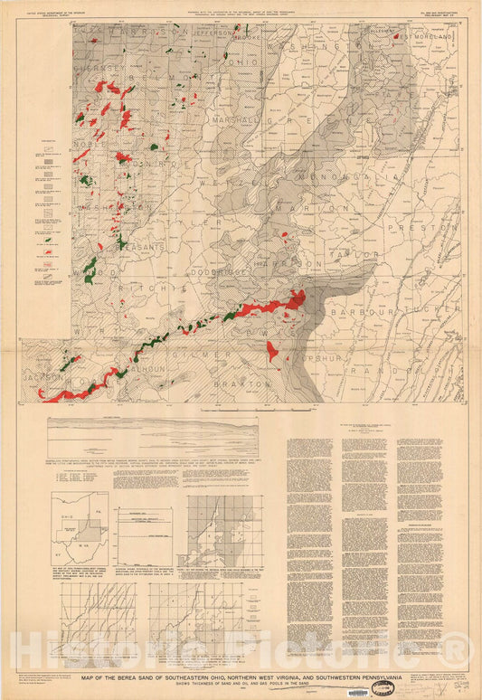 Map : Map of the Berea sand of southeastern Ohio, northern West Virginia, and southwestern Pennsylvania, 1945 Cartography Wall Art :