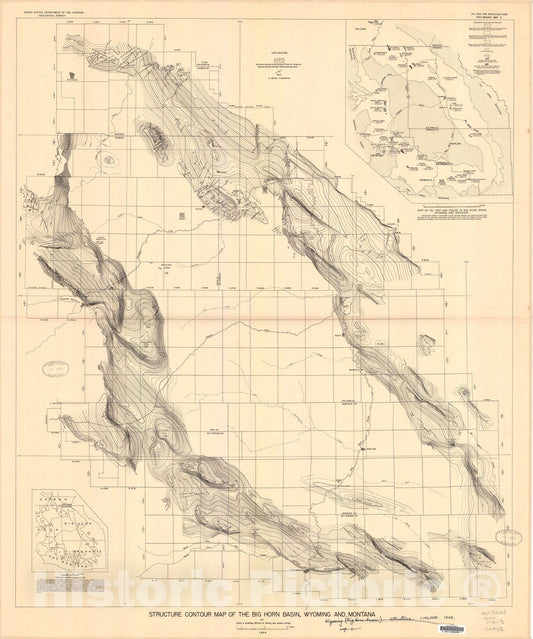 Map : Structure contour map of the Big Horn basin, Wyoming and Montana, 1944 Cartography Wall Art :