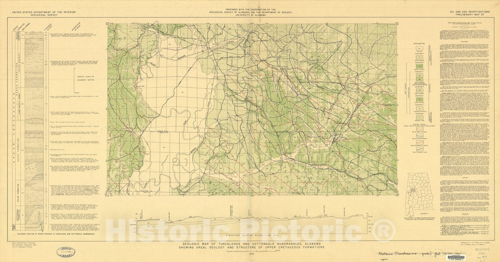 Map : Geologic map of Tuscaloosa and Cottondale quadrangles, Alabama, showing areal geology and structure of Upper Cretaceous formations, 1945 Cartography Wall Art :