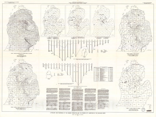 Map : Lithology and thickness of the Dundee formation and the Rogers City limestone in the Michigan basin, 1945 Cartography Wall Art :