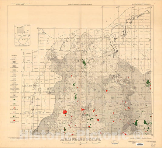 Map : Map of the Berea sand of northern Ohio, 1945 Cartography Wall Art :