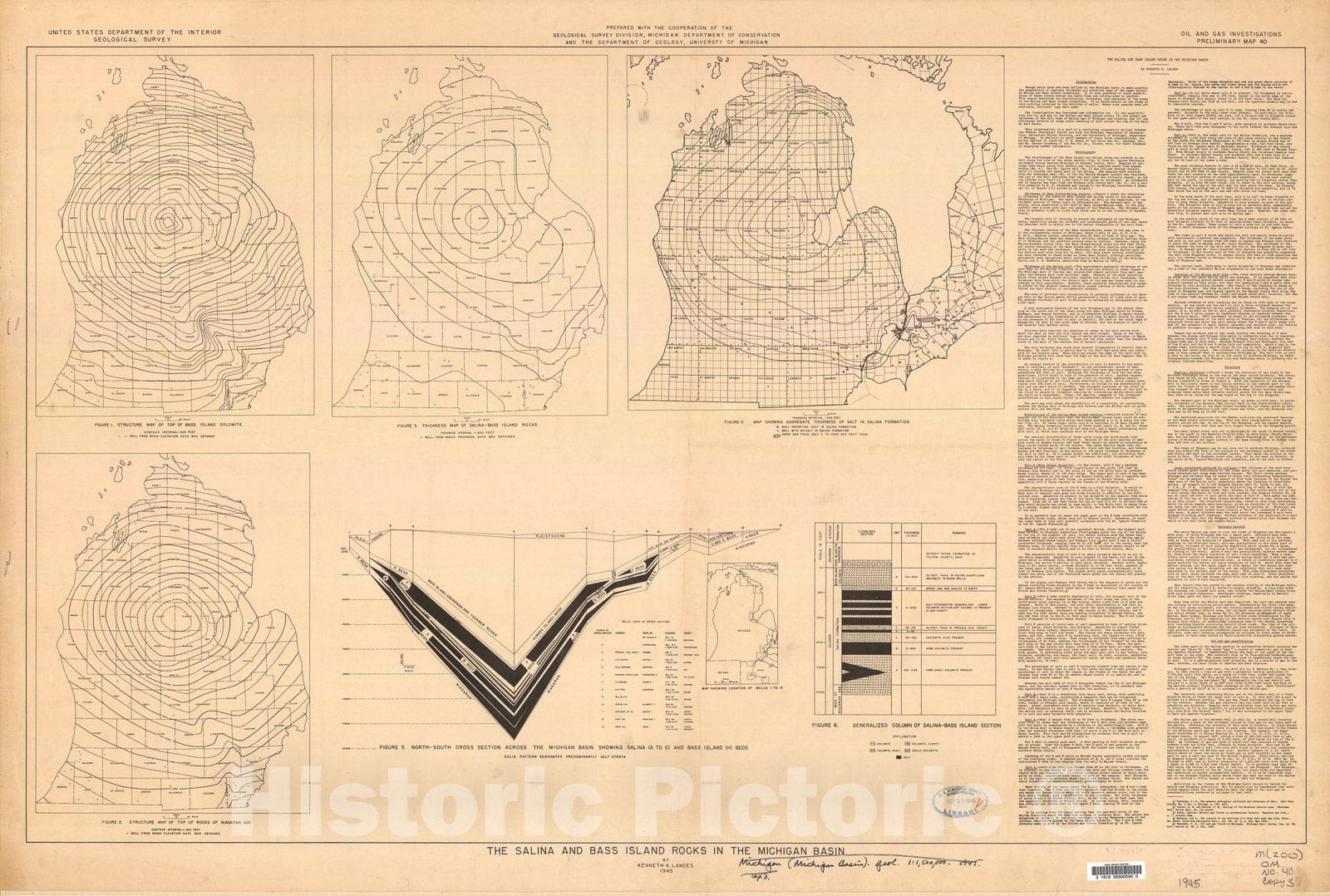 Map : The Salina and Bass Island rocks in the Michigan basin, 1945 Cartography Wall Art :