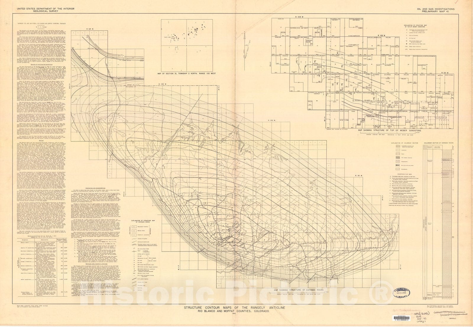 Map : Structure contour map of the Rangely anticline, Rio Blanco and Moffat Counties, Colorado, 1945 Cartography Wall Art :