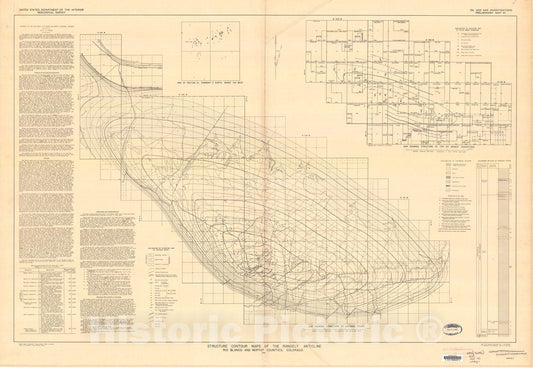 Map : Structure contour map of the Rangely anticline, Rio Blanco and Moffat Counties, Colorado, 1945 Cartography Wall Art :