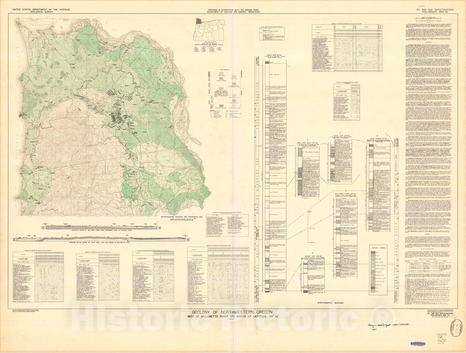 Map : Geology of northwestern Oregon west of Willamette River and north of latitude forty-five degrees and fifteen minutes, 19forty-five Cartography Wall Art :