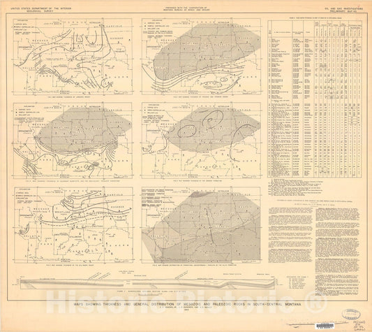 Map : Maps showing thickness and general distribution of Mesozoic and Paleozoic rocks in south-central Montana, 1945 Cartography Wall Art :
