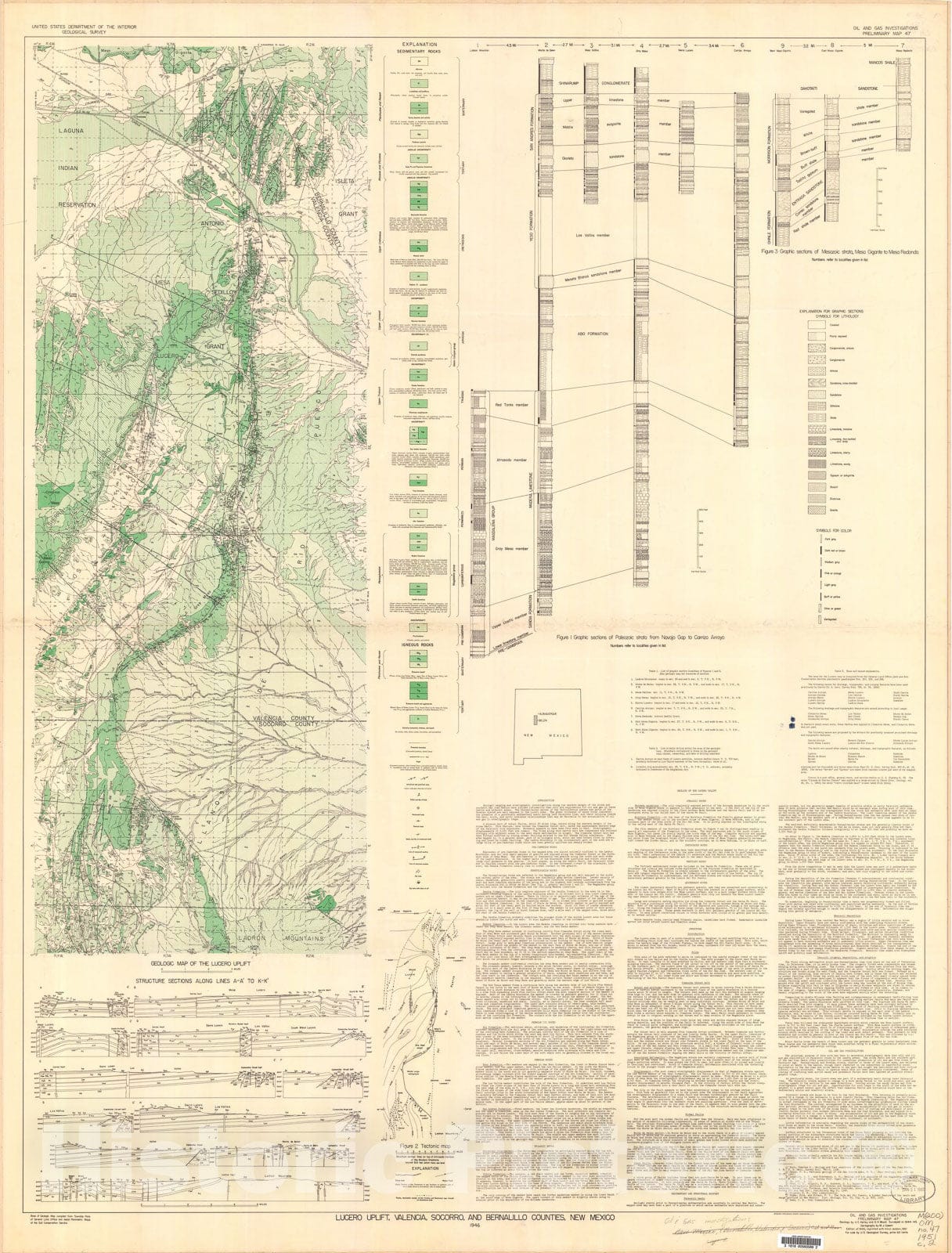 Map : Geology of the Lucero uplift, Valencia, Socorro, and Bernalillo Counties, New Mexico, 1946 Cartography Wall Art :