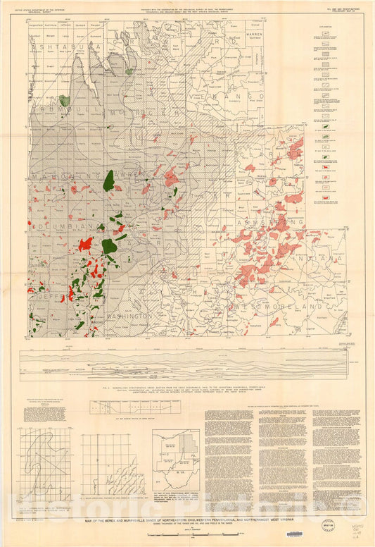 Map : Map of the Berea and Murrysville sands of northeastern Ohio, western Pennsylvania and northern-most West Virginia, 1946 Cartography Wall Art :