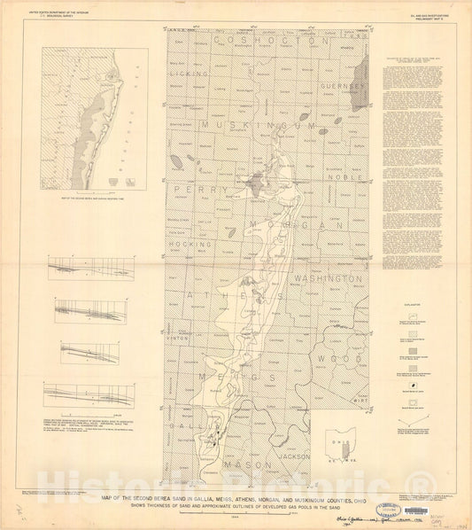 Map : Map of the second Berea sand in Gallia, Meigs, Athens, Morgan, and Muskingum Counties, Ohio: shows thickness of sand and approxima, 1944 Cartography Wall Art :